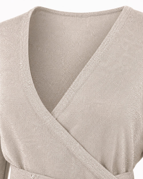 Nine & Co. Beige Metallic Shimmer Wrap Sweater Rhinestone Belt Detail Sz L