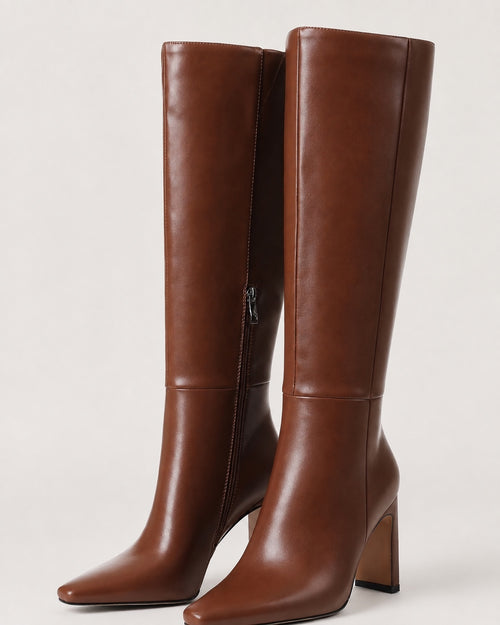 Cognac Brown Knee-High Pointed Toe Dress Boots with Block Heel
