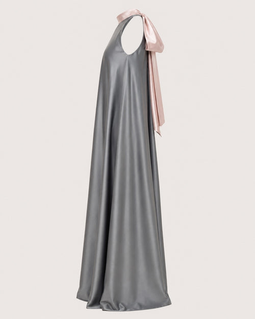 Charcoal High Neck Blush Bow Back Satin Formal Maxi Dress