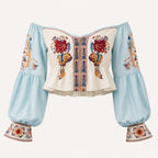 Blue Floral Off-Shoulder Boho Peplum Crop Top