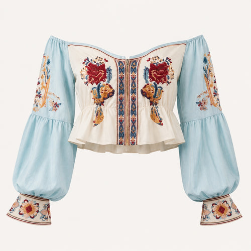 Blue Floral Off-Shoulder Boho Peplum Crop Top