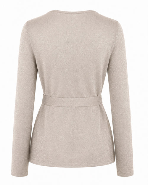 Nine & Co. Beige Metallic Shimmer Wrap Sweater Rhinestone Belt Detail Sz L