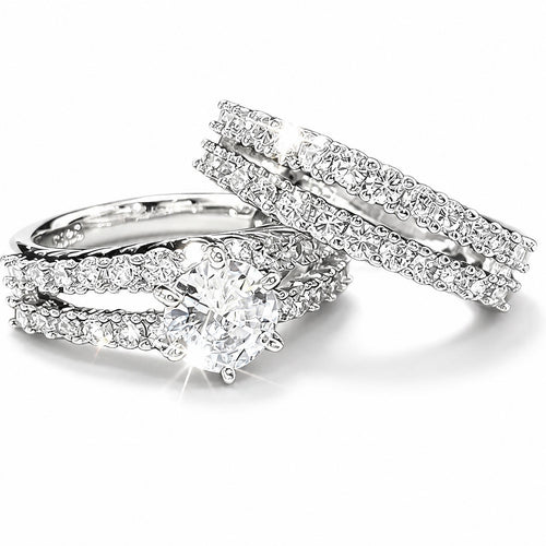 14k White Gold-Plate  Double Row Stackable Wedding Engagement Ring 2-piece Set