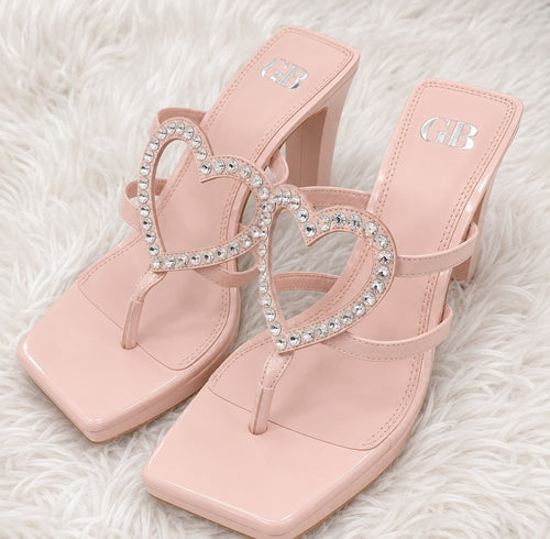 Gianni Bini GB “The Heart” Rhinestone Heart Platform Thong Heeled Sandals Pink