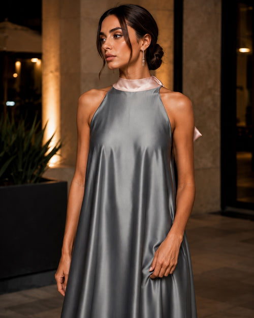 Charcoal High Neck Blush Bow Back Satin Formal Maxi Dress