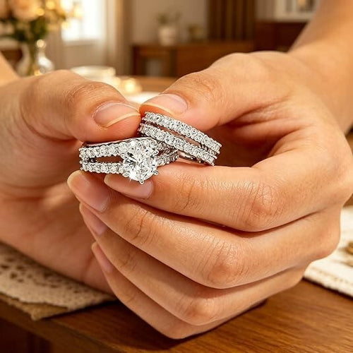 14k Gold Cubic Zirconia Double Row Stackable Wedding Engagement Ring 2-piece Set