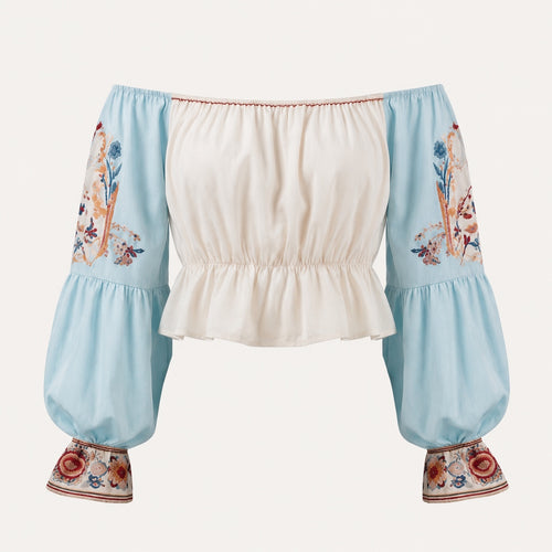 Blue Floral Off-Shoulder Boho Peplum Crop Top
