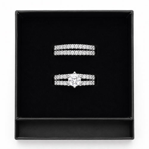 14k White Gold-Plate  Double Row Stackable Wedding Engagement Ring 2-piece Set