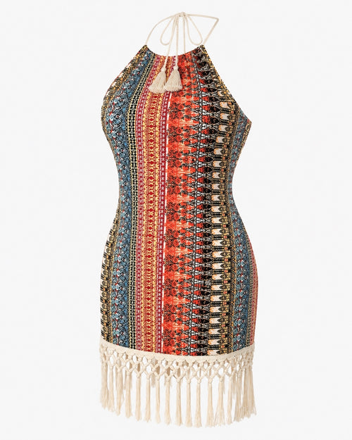 Boho Halter Fringe Mini Dress XL
