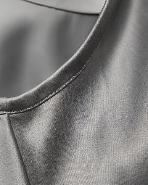 Charcoal High Neck Blush Bow Back Satin Formal Maxi Dress