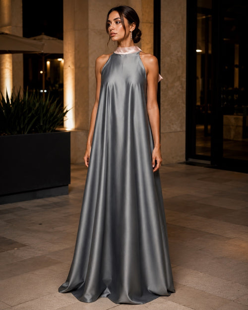 Charcoal High Neck Blush Bow Back Satin Formal Maxi Dress