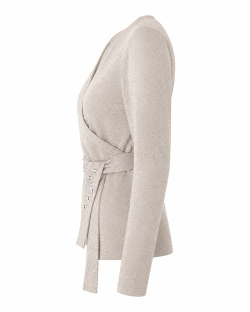 Nine & Co. Beige Metallic Shimmer Wrap Sweater Rhinestone Belt Detail Sz L