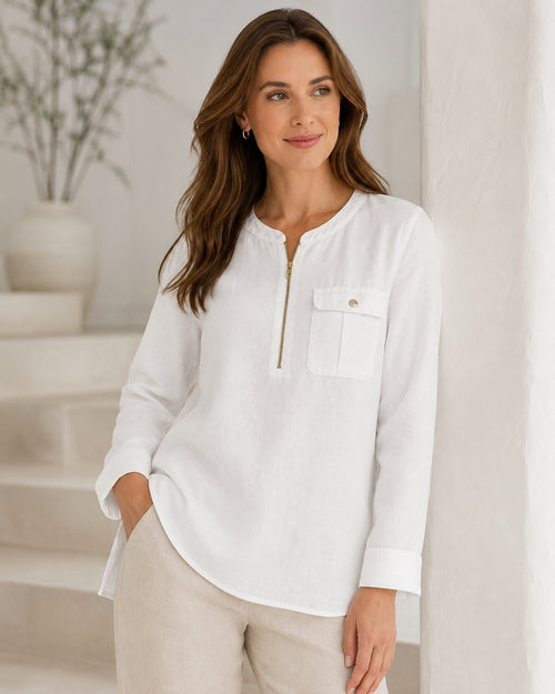 Jones New York White 100% Linen High-Low Zip Tunic Top Large
