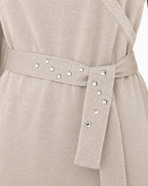 Nine & Co. Beige Metallic Shimmer Wrap Sweater Rhinestone Belt Detail Sz L
