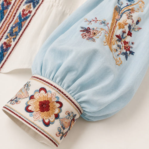 Blue Floral Off-Shoulder Boho Peplum Crop Top - Sable & Red