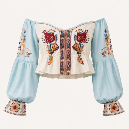 Blue Floral Off-Shoulder Boho Peplum Crop Top - Sable & Red