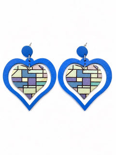 Blue Heart Drop Earrings Wooden Statement Lightweight - Sable & Red