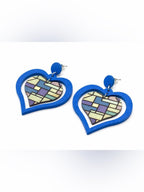 Blue Heart Drop Earrings Wooden Statement Lightweight - Sable & Red