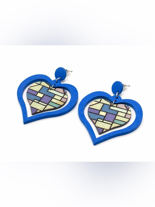 Blue Heart Drop Earrings Wooden Statement Lightweight - Sable & Red