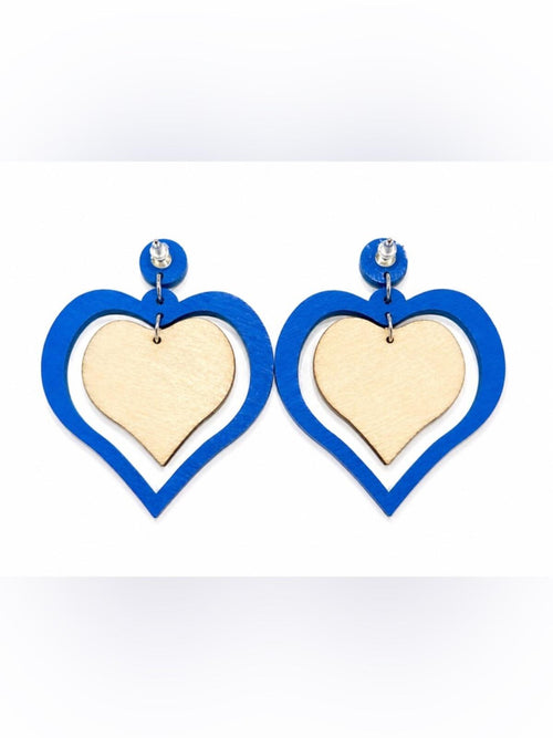Blue Heart Drop Earrings Wooden Statement Lightweight - Sable & Red