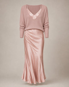 Blush Pink Satiny Maxi Dress and Top Two-Piece Set - Sable & Red
