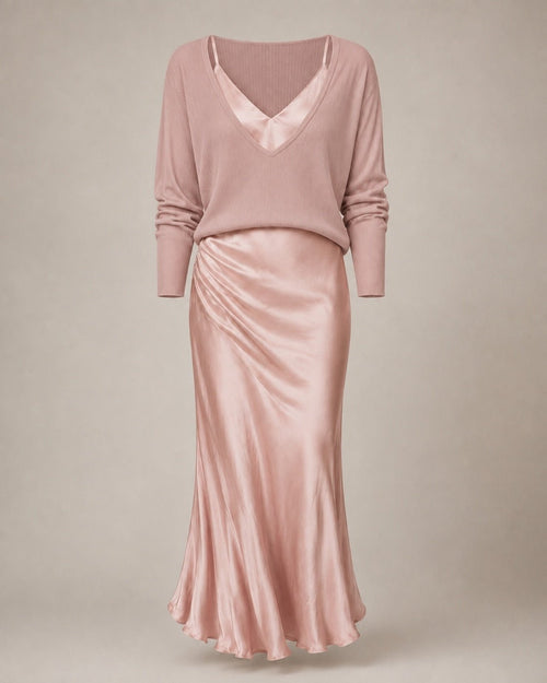 Blush Pink Satiny Maxi Dress and Top Two-Piece Set - Sable & Red