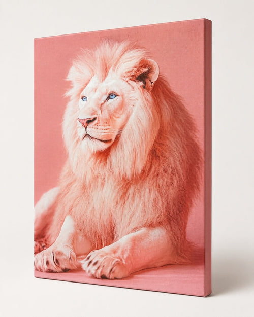 Blush Pink White Lion Canvas Wall Art with Blue Eyes – 18” x 12” - Sable & Red
