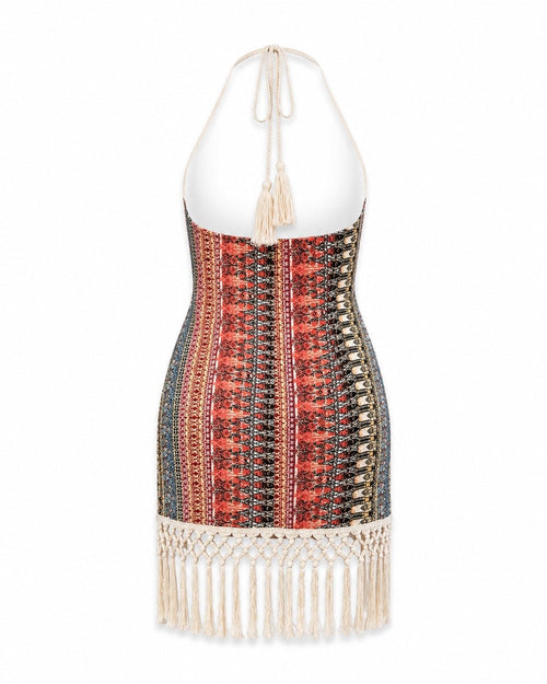 Boho Halter Fringe Mini Dress XL - Sable & Red