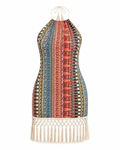 Boho Halter Fringe Mini Dress XL - Sable & Red