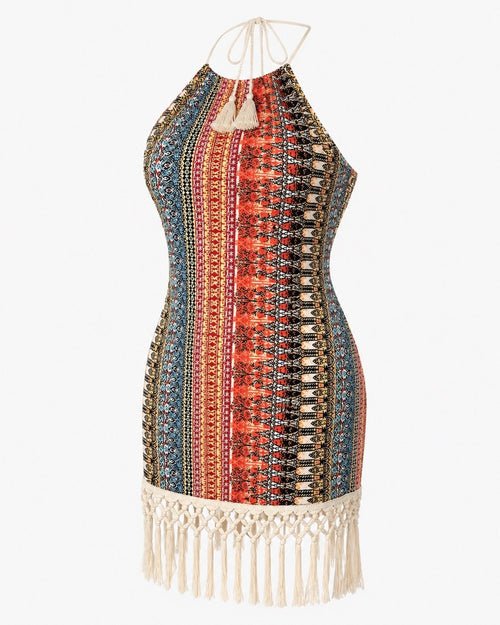Boho Halter Fringe Mini Dress XL - Sable & Red