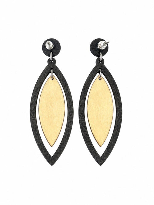 Boho Wood Drop Earrings Black Frame Chevron Inlay - Sable & Red