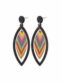 Boho Wood Drop Earrings Black Frame Chevron Inlay - Sable & Red