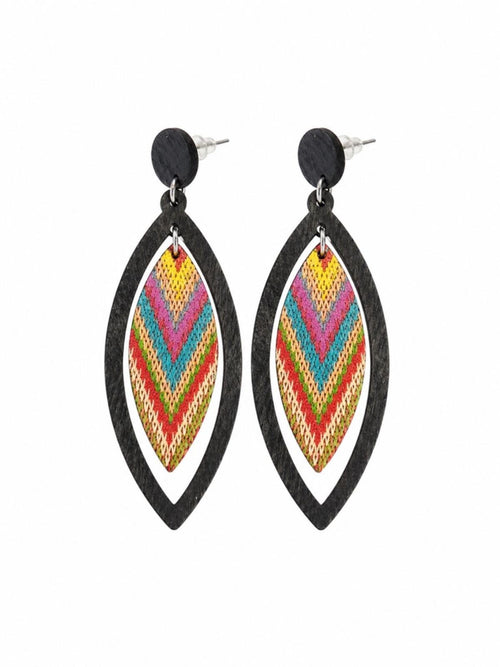 Boho Wood Drop Earrings Black Frame Chevron Inlay - Sable & Red