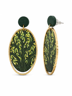 Boho Wood Oval Drop Earrings Gold Tone Green Botanica - Sable & Red