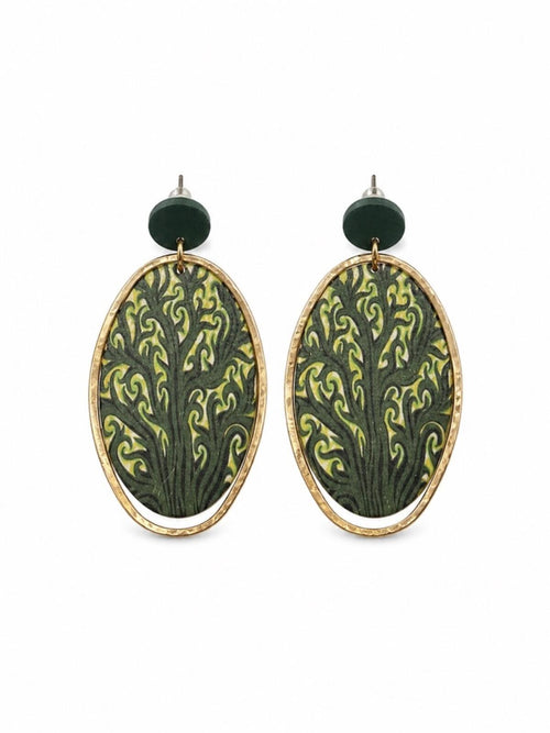 Boho Wood Oval Drop Earrings Gold Tone Green Botanica - Sable & Red