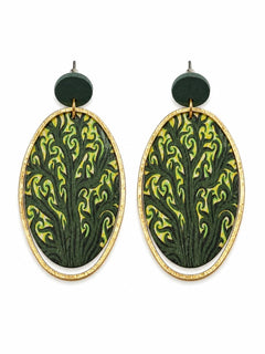 Boho Wood Oval Drop Earrings Gold Tone Green Botanica - Sable & Red