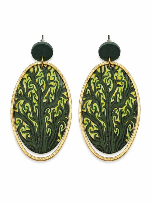 Boho Wood Oval Drop Earrings Gold Tone Green Botanica - Sable & Red