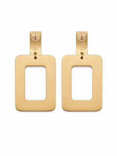 Boho Wood Striped Rectangle Drop Earrings Gold Tone Statement 2.75” - Sable & Red