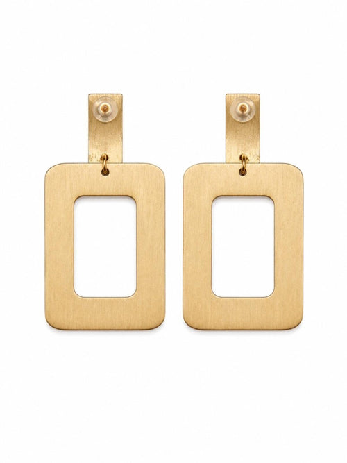 Boho Wood Striped Rectangle Drop Earrings Gold Tone Statement 2.75” - Sable & Red