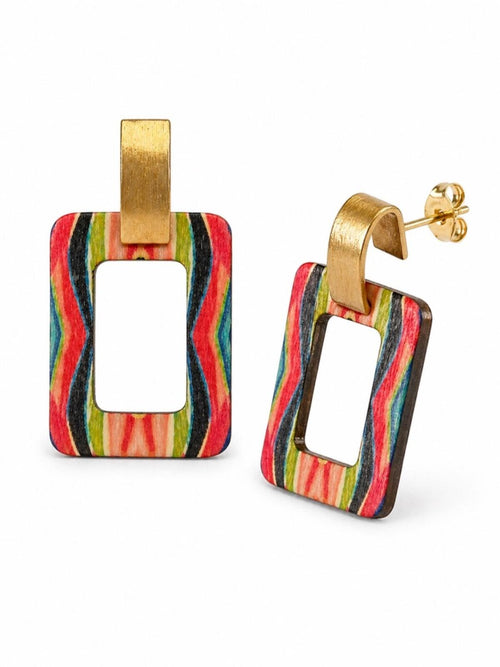 Boho Wood Striped Rectangle Drop Earrings Gold Tone Statement 2.75” - Sable & Red