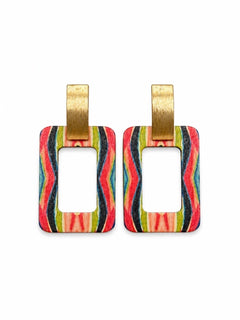 Boho Wood Striped Rectangle Drop Earrings Gold Tone Statement 2.75” - Sable & Red