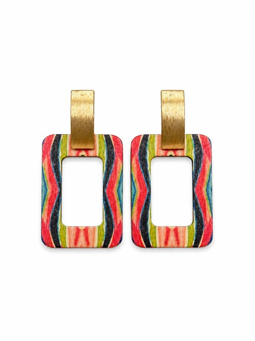 Boho Wood Striped Rectangle Drop Earrings Gold Tone Statement 2.75” - Sable & Red