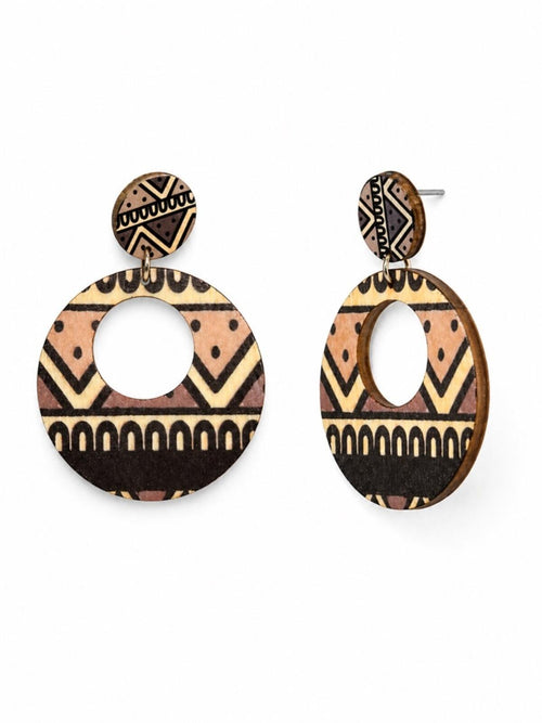 Boho Wooden Geometric Cutout Drop Earrings Tribal Print - Sable & Red