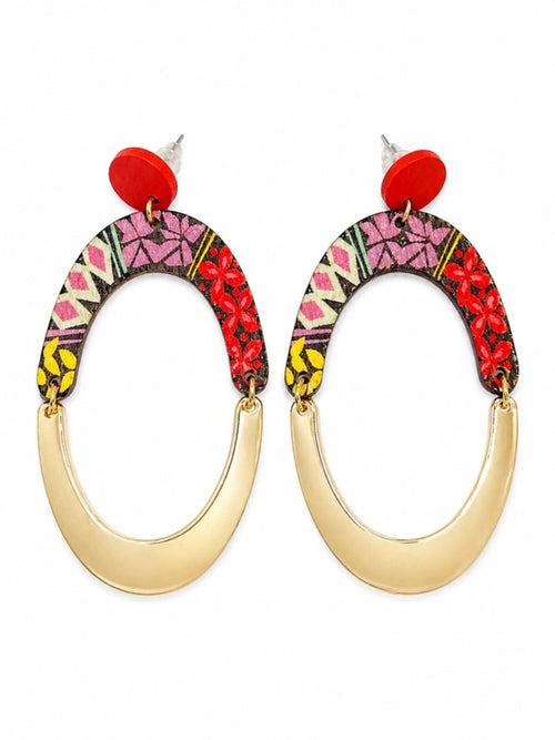Boho Wooden & Gold Oval Drop Earrings Statement - Sable & Red