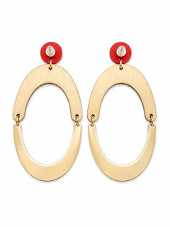 Boho Wooden & Gold Oval Drop Earrings Statement - Sable & Red