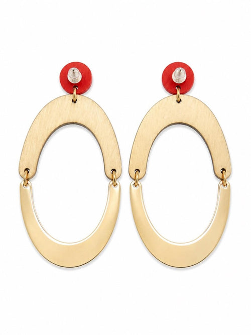 Boho Wooden & Gold Oval Drop Earrings Statement - Sable & Red
