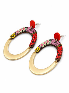 Boho Wooden & Gold Oval Drop Earrings Statement - Sable & Red
