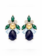 Bronze Statement Earrings Blue Green Crystal Gem Drop 1.5” - Sable & Red