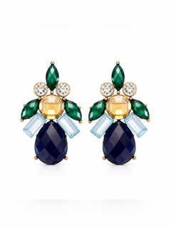 Bronze Statement Earrings Blue Green Crystal Gem Drop 1.5” - Sable & Red
