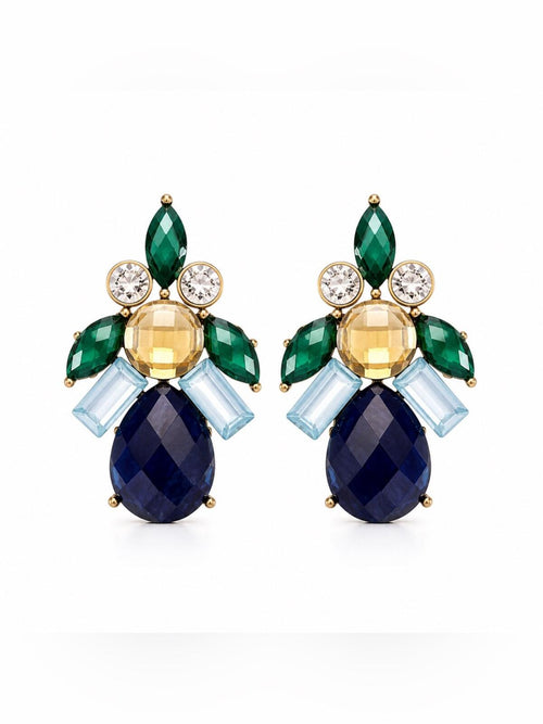 Bronze Statement Earrings Blue Green Crystal Gem Drop 1.5” - Sable & Red